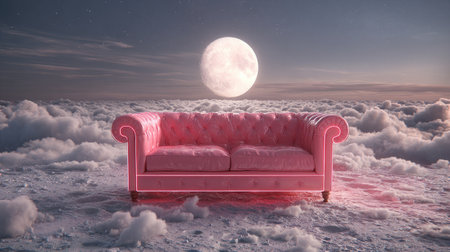 A pink upholstered sofa is set against a surreal cloudscape, illuminated by soft lighting. The composition features a full moon, suggesting a dreamlike or fantastical setting. The image uses a vibrant color palette, evoking a sense of calm. Suitable for a variety of creative projects, including digital art and editorial content.の素材
