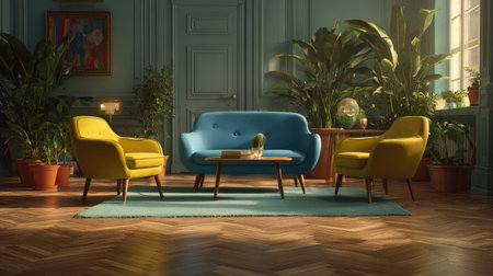An inviting living room features a blue sofa, yellow armchairs, and lush indoor plants. The scene is bathed in soft, natural light, highlighting the textures of the wooden floor and wall paneling. This interior composition could be used for lifestyle, design, or home decor projects.の素材