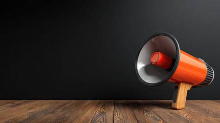 A vibrant orange megaphone rests on a wooden surface, contrasted against a deep black background. The image highlights the megaphone's shape and color, showcasing the play of light. This composition suggests concepts like communication, announcement, and promotion, suitable for various visual marketing projects.の素材