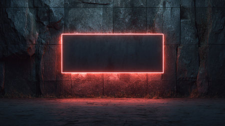 A rectangular neon frame glows against a textured dark stone wall. The design features red neon light in a rectangular shape. The rough stone walls offer a contrasting texture and are illuminated by the frame's light. The image may suit various advertising or design concepts, ideal for visual communication projects.の素材