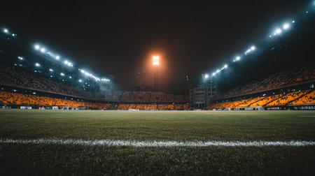 An empty stadium at night is illuminated by bright floodlights. The image showcases a large green field with white markings, contrasting with the dark background and the glow of the stadium lights. This composition could be used for promoting sports events or illustrating concepts related to competition and entertainment.の素材