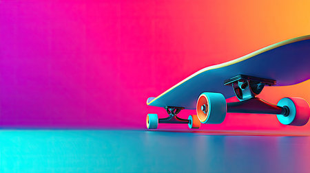 A skateboard is positioned against a vibrant, smoothly blended gradient background. The image presents a clean composition, highlighting the board with its blue deck and orange wheels. This visually appealing artwork showcases a modern aesthetic, suitable for various commercial or editorial applications.の素材