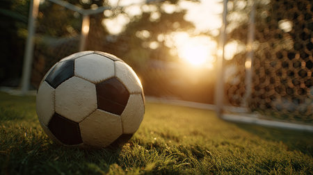 A soccer ball sits on green grass in front of a goal net. The image showcases a close-up of the ball with a blurred background. The scene is illuminated by the warm glow of the setting sun, providing a bright, inviting atmosphere. This image could be suitable for sports-related articles or promotional materials.の素材