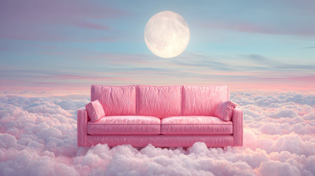 A pink sofa sits atop a sea of clouds under a full moon in this surreal illustration. The image features soft textures and pastel colors, with the focus on the inviting furniture piece. This dreamy scene could be used for various commercial projects and visual concepts.の素材