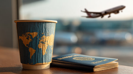 A travel-themed composition features a coffee cup adorned with a world map, a passport, and an airplane in the blurred background. The scene is illuminated by soft, natural light, creating a sense of anticipation. This imagery can be suitable for a variety of editorial or commercial purposes related to travel, tourism, or international themes.の素材