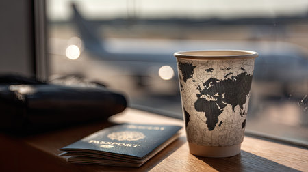 A passport and coffee cup rest on a wooden surface near a window. The cup features a map design. Soft lighting illuminates the scene, hinting at a travel theme. Potential uses could be for commercial projects related to travel, tourism, or international themes, with copy space available.の素材