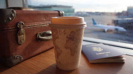 A coffee cup, suitcase, and passport rest on a wooden surface near a window. Sunlight illuminates the scene, suggesting a daytime setting. The image uses a shallow depth of field, emphasizing the foreground objects. Suitable for various travel-related advertising and editorial purposes, conveying a sense of journey and exploration.の素材
