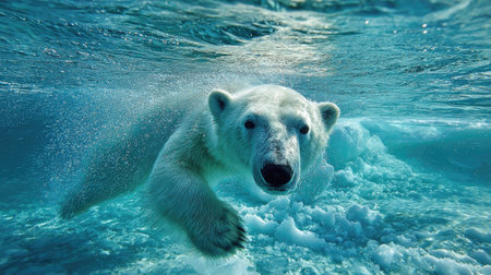 A polar bear swims underwater, its white fur contrasting against the cool, blue-toned water. The composition highlights the bear's face, with icy formations surrounding it. The lighting suggests a day setting, perhaps in a natural environment. This image could be used for various commercial and editorial projects.の素材