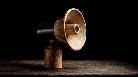 A wooden megaphone, the primary subject, sits on a rustic wooden table. The object has a brown and black color palette, and the lighting is even. It appears to be indoors with a dark background. This image could be used for various commercial or editorial projects needing communication or announcement themes.の素材