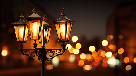 A close-up captures a decorative street lamp radiating warm light against a blurry background. The image features orange and yellow tones, creating a cozy atmosphere. Suitable for illustrating urban themes, nighttime aesthetics, or concepts like illumination, this photograph may be used in various commercial applications.の素材
