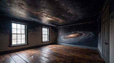 An interior shot features a room with a detailed galaxy mural covering the walls and ceiling. Sunlight streams through two windows, illuminating a wooden floor. The composition highlights contrasting light and shadow, potentially suitable for design, conceptual art, or architectural themes.の素材