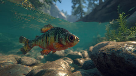 A close-up view presents a fish underwater, its body displaying shades of orange and black. The fish swims in clear, slightly turquoise water near rocks. The scene has soft lighting with blurred trees and mountains. Ideal for illustrating aquatic life or environmental themes. Suitable for various commercial and editorial applications.の素材