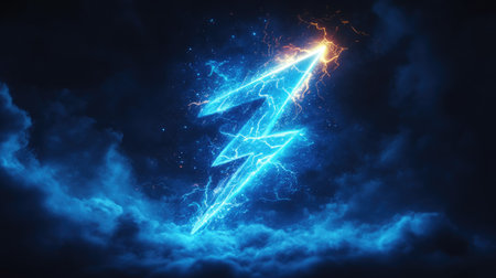 An artistic representation features a stylized lightning bolt against a dark blue background with cloud-like textures. The image uses vibrant blue and orange hues, with a digital art style and dramatic lighting. Suitable for various creative projects, the image has potential commercial and editorial applications.の素材