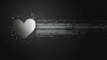 An artistic illustration features a heart graphic set against a dark backdrop. The design incorporates textured elements and a monochromatic color scheme with accents of light. The composition uses linear streaks and scattered particles, suggesting movement or digital effects. Suitable for various creative projects, including visual concepts and design elements.の素材