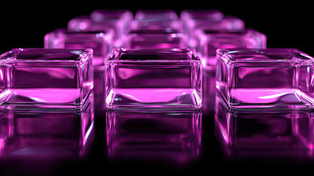 An artistic arrangement showcases multiple transparent, luminous purple cubes. The cubes are arranged in a pattern with sharp edges, reflecting light on a dark, glossy background. The composition features a symmetrical arrangement, offering a modern aesthetic, suitable for design and conceptual applications.の素材