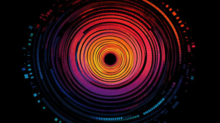 An abstract digital design features a swirling pattern of concentric circles in a gradient of warm colors. The composition, set against a dark backdrop, exhibits a high-contrast style. It suggests a futuristic theme, potentially suitable for design, advertising, or illustrative use.の素材