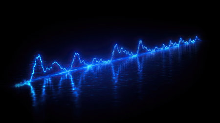 An illustration features a glowing blue sound wave set against a dark backdrop. The visual characteristics include vibrant blue light, a waveform design, and a reflective quality. The image could be used in presentations, website designs, or as an element in various commercial applications related to audio technology.の素材