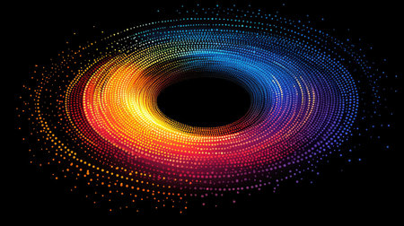 An abstract digital artwork features a vibrant vortex of color. The image showcases a circular composition with a gradient of orange, red, blue and purple hues. The graphic displays a smooth, flowing effect against a dark backdrop and could be used for various design, marketing, or conceptual projects.の素材
