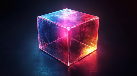 A translucent cube is illuminated with vibrant colors, displaying a spectrum of hues against a dark backdrop. The image features a strong composition with smooth textures and high-contrast lighting. Suitable for various design applications, it is ideal for commercial or editorial use.の素材