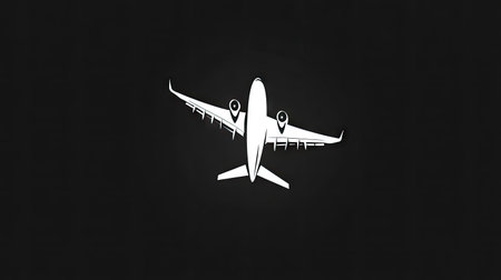 An airplane icon, depicted in white, is centrally positioned against a solid black backdrop. The image showcases a minimalist style, emphasizing the aircraft's silhouette. This design features clean lines and a simple composition, potentially suitable for various applications related to travel, transport, or commercial aviation themes.の素材