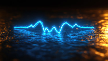 A vibrant illustration showcases a glowing blue wave form against a dark reflective background. The composition employs a low angle with warm, golden accents enhancing the dynamic feel. Suitable for projects requiring a sense of movement, technology, or energy, this image could be used in various commercial applications.の素材