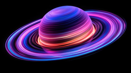 An abstract illustration shows a planet with luminous rings, using vibrant neon colors against a dark backdrop. The image features a futuristic design with a focus on light and form, possibly suggesting a space-themed concept. This artwork could be used in various commercial projects, including digital art or design elements.の素材