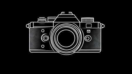 This image presents a white outline of a camera against a stark black background. The design highlights the camera's form, featuring prominent lens and body details. Suitable for graphic design projects, the image has potential commercial applications, lending itself to various digital and print uses.の素材