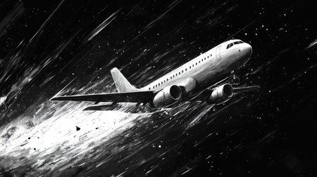 An airplane is depicted in flight against a dark, dynamic background. The monochrome image features a stylized artistic representation with streaks and textures suggesting movement. The composition may be suitable for aviation-related content or used for conceptual purposes. It can be used for various design projects.の素材