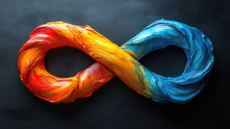 An abstract infinity symbol, rendered with a textured, painterly style, is depicted. The symbol transitions from orange to yellow and then to blue. The composition is set against a dark background, with the light creating depth. Suitable for various design applications, this image is ideal for use in commercial projects.の素材