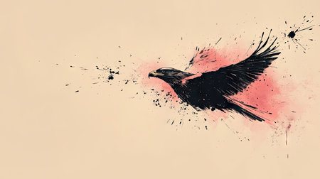 An artistic representation shows a majestic eagle in flight, rendered with a dynamic splatter effect. The artwork features a dark silhouette against a backdrop of soft pink and beige hues. This creative illustration could be suitable for various design projects, including digital art and editorial content.の素材