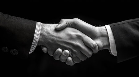 Two individuals are depicted in a close-up, black and white image, engaging in a handshake. The composition emphasizes the intertwined hands against a dark background. The scene suggests a formal setting, possibly related to business partnerships or agreements, with potential applications for commercial or editorial use.の素材