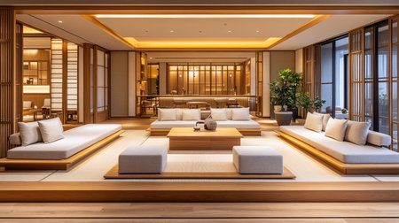 This image showcases a modern living room design featuring wooden structures and furniture. The scene includes light-colored couches, ottomans, and a central coffee table. Warm lighting enhances the natural tones and textures. This image may be used for architectural concepts, interior design, or lifestyle publications.の素材