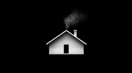 A minimalist white house silhouette against a stark black backdrop features rising smoke from its chimney. The graphic style employs simple shapes and contrasting tones. This conceptual illustration conveys themes of home, comfort, and environment. Suitable for a range of commercial and editorial applications.の素材