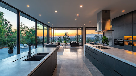 A contemporary kitchen showcases sleek design with gray cabinetry and white countertops. Large windows frame a scenic view of a tree-filled landscape and a colorful sunset. The composition includes an island with a sink, and pendant lights illuminate the space. Suitable for architectural, design, or lifestyle publications.の素材