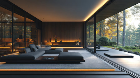 This image showcases a modern living space featuring a large modular sofa, integrated lighting, and expansive windows. The interior utilizes neutral tones and clean lines, creating a minimalist aesthetic. The panoramic windows provide a view of a lush forest, creating a harmonious blend of indoor and outdoor spaces. Ideal for illustrating architectural concepts or lifestyle themes.の素材