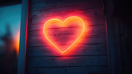 A vibrant neon heart illuminates a textured wooden panel, presenting a modern visual. The glowing red heart contrasts against the darker background, enhanced by the lighting. This image captures a sense of warmth and is ideal for various uses, including promotional materials or artistic projects.の素材