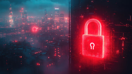 A glowing red padlock dominates the composition, representing security. The image showcases a cityscape with neon lights, set against a dark, atmospheric environment. The overall aesthetic is futuristic, suggesting digital environments. This visual is suitable for use in promotional materials or editorial articles concerning technology.の素材
