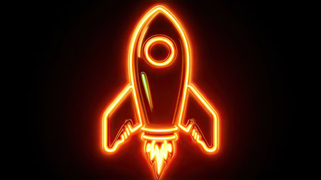 A vibrant neon rocket illustration is presented against a black backdrop, highlighting its outline. The image displays bright orange and yellow hues, creating a glowing effect. Suitable for various applications, including promotional materials, educational content, and creative projects, the design is a strong visual element.の素材