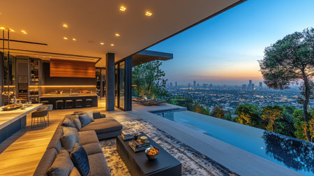 A contemporary home showcases a luxurious outdoor living space with a pool overlooking a city at dusk. The scene features a sleek sofa set, a glass railing, and modern lighting. This image could be used for architectural design, real estate marketing, or lifestyle editorial content, portraying comfort and modern design.の素材