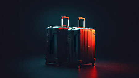 Two contemporary suitcases stand in a dark studio setting illuminated by vibrant red and blue lighting. The luggage features telescoping handles and a sleek, polished appearance, suggesting travel and mobility. The composition emphasizes the contrast between light and shadow, suitable for commercial projects.の素材