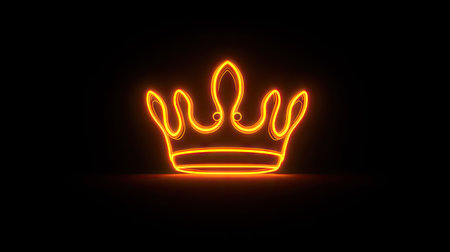 A vibrant neon crown glows brightly against a stark black backdrop. The image features smooth lines and a warm orange color. Its clean style creates an impression of modern design. This graphic may be used for various commercial projects requiring royal or leadership visuals.の素材