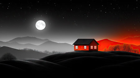 A nighttime landscape presents a small house illuminated against a dark, gradient sky. The scene showcases a full moon, rolling hills, and a backdrop of vibrant red and orange hues. The image's composition and color palette evoke a sense of tranquility and could be suitable for various commercial purposes.の素材