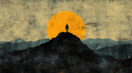 A silhouette of a person stands atop a mountain, with a large, bright yellow sun or moon in the background. The scene is rendered in an artistic style, featuring rough textures and muted colors. The composition evokes a sense of solitude and achievement. Suitable for various commercial and editorial applications, conveying themes of success and aspiration.の素材