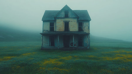An aged house sits in an expansive field, enveloped in a dense layer of fog. The building's weathered facade and muted color palette create a sense of decay. The composition focuses on the architectural structure and its interaction with the natural elements. This imagery can be suitable for various editorial and conceptual projects.の素材