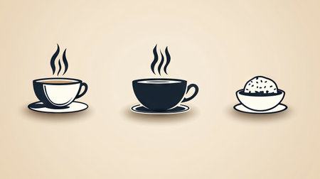 Three simple illustrations depict a coffee cup and a bowl of rice on a beige background. Each design features a cup or bowl on a saucer, with rising steam. The style is flat, with minimal detail, and neutral coloring suitable for diverse applications. The images suggest morning, food, and refreshment.の素材