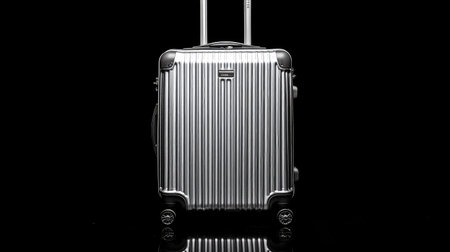 A close-up view presents a silver suitcase set against a stark black backdrop. The luggage features vertical grooves and rounded corners. Lighting accentuates the metallic texture, with reflections highlighting its design. This image could be used for various projects related to travel, tourism, or lifestyle themes.の素材