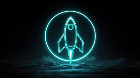 A vibrant neon outline of a rocket ship is displayed inside a glowing circular frame. The image presents a futuristic concept with bright turquoise hues against a dark, cloudy environment. This image is suited for creative projects or digital applications.の素材