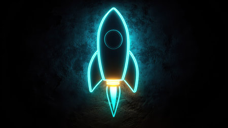 A vibrant neon rocket illustration glows against a dark, textured backdrop. The design features bright blue outlines with a touch of orange. This artwork employs a clean, modern style, suitable for projects related to technology, space exploration, and business startups. It could be used for various commercial and editorial purposes.の素材