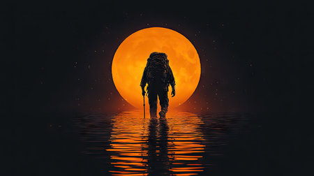 A silhouette depicts a person with a backpack and a walking stick traversing water, with a large, orange, glowing orb in the background. The scene features a low-angle perspective, dark colors, and a reflective surface. This image is suitable for various commercial purposes, including travel, adventure, and outdoor themes.の素材