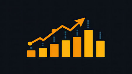 An illustration features a business chart with rising bars and an upward-pointing arrow, suggesting growth. The visual includes various shades of orange and yellow against a dark backdrop. This graphic is suitable for depicting financial trends or business performance in presentations, reports, or marketing materials.の素材
